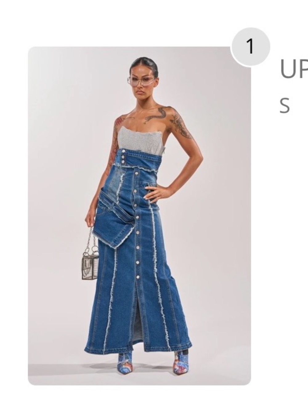 High-Waist Raw-Edge Denim Maxi Skirt in Blue